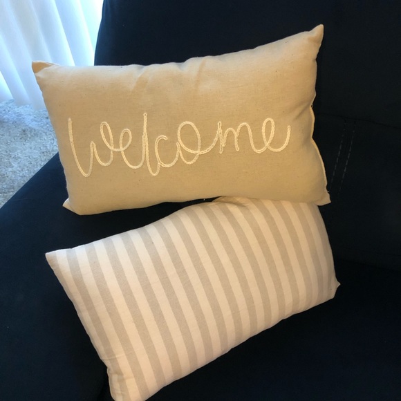 Welcome Embroidered 1 pair Accent Pillows, Beige/White, Gray/white striped back - Picture 1 of 7